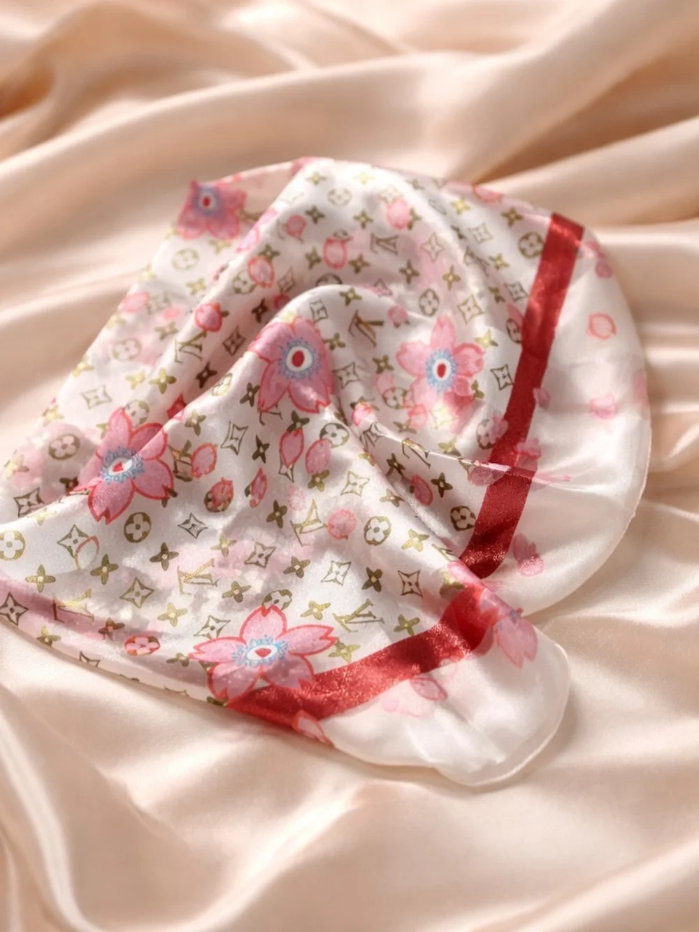 Logo-Print Floral Scarf in Pink & Red - Picture 2 of 3